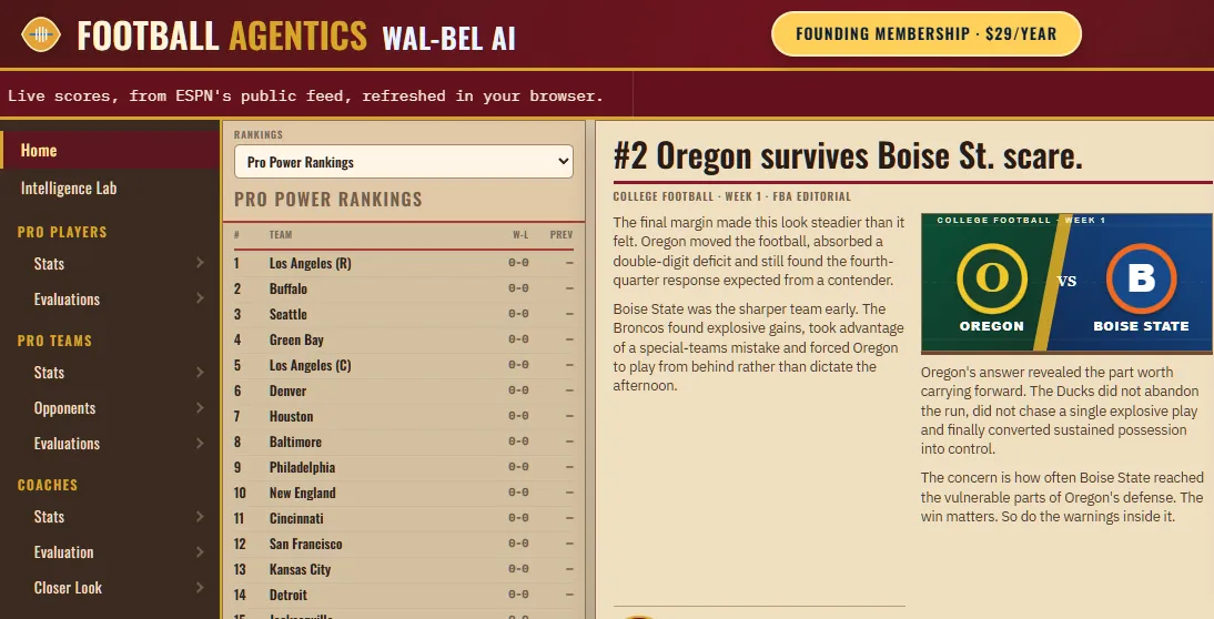 Football Agentics home page with rankings and analysis