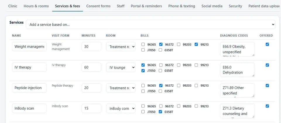 Magesta Core setup: services, visit times, rooms and billing codes