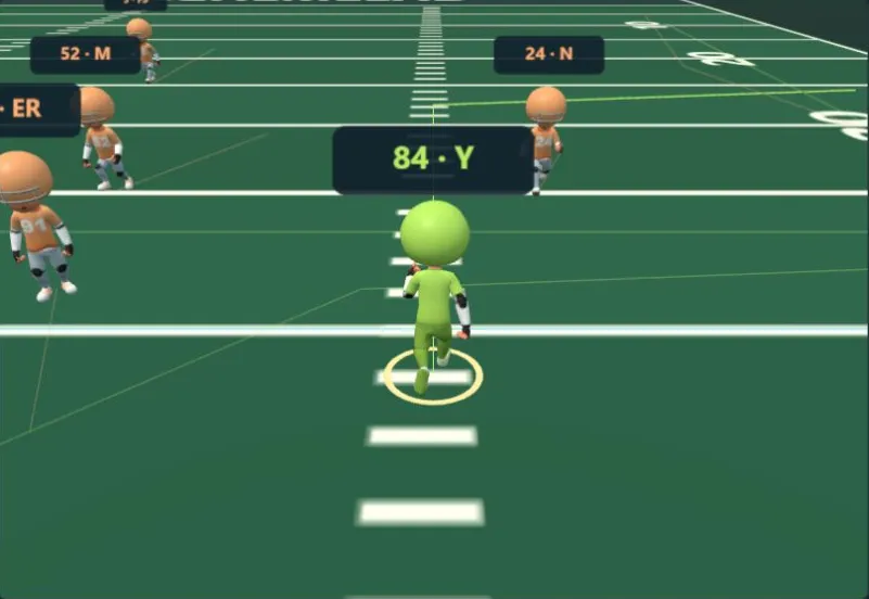 Schemeverse: a 3D football field with players running their assignments
